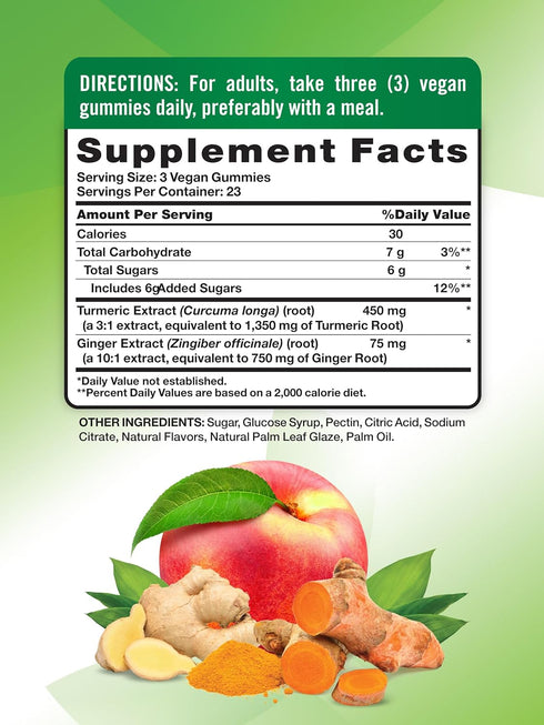 Nature's Truth Turmeric and Ginger Gummies | 70 Count | Vegan, Non-GMO, Gluten Free, Peach Flavor Supplement