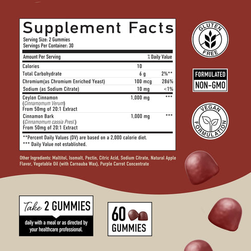 Sugar-Free Cinnamon Gummies 2000MG - 60 Vegan Non-GMO Chews with Ceylon Cinnamon & Chromium for Guilt-Free Flavor