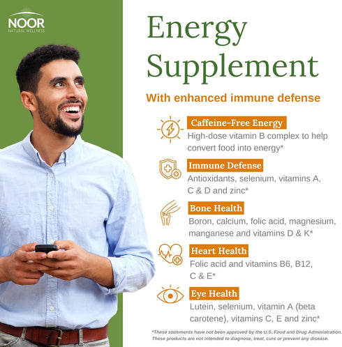 Noor Vitamins Energy+ Multivitamin for Men & Women; Halal Vitamin with 26 Vitamins & Minerals, Gelatin Free, 2 Month