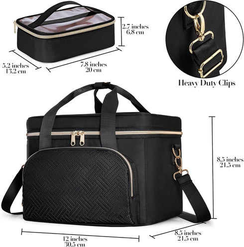 Travel Makeup Bag with 2 Pouches and Adjustable Dividers, Large Cosmetic Case Organizer for Women, Black (Patented