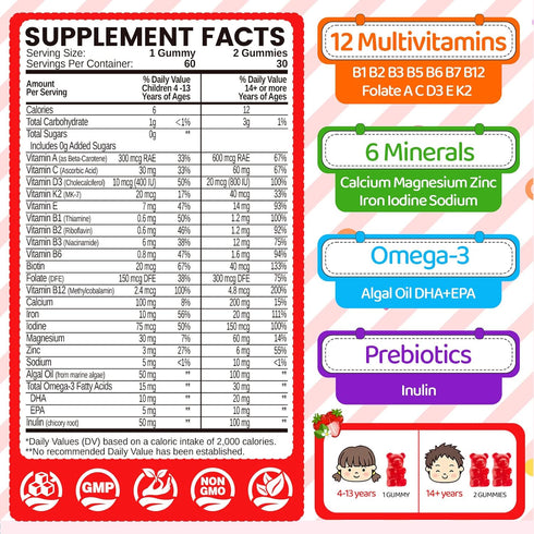 Gummies D3, 60 Iron for Kids & Teens, Kids Multivitamin with Iron Supplement, Vitamin B Complex, A, C, Calcium, Zinc