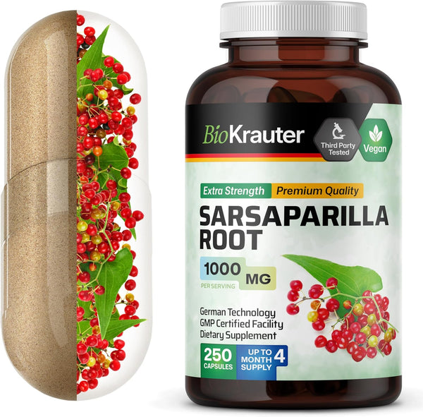 BIO KRAUTER Sarsaparilla Root Capsules, 1000 mg Strength, 250 Vegan Extract Caps, No Fillers