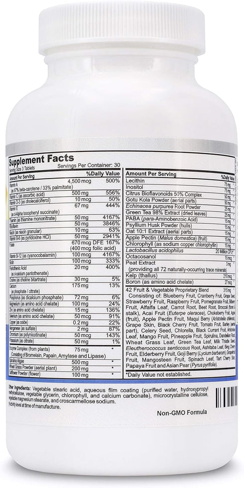 Vegan Whole Food Multivitamin & Mineral - 90 Tablets - Vitamins A B1 B2 B6 B12 C D3 E & 110 Super Foods, Herbs, Greens