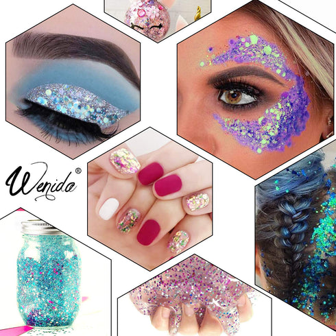 Wenida Body Glitter 9 Colors 190g Holographic Iridescent Cosmetic Festival Makeup Chunky Powder for Nail Hair Eye Face