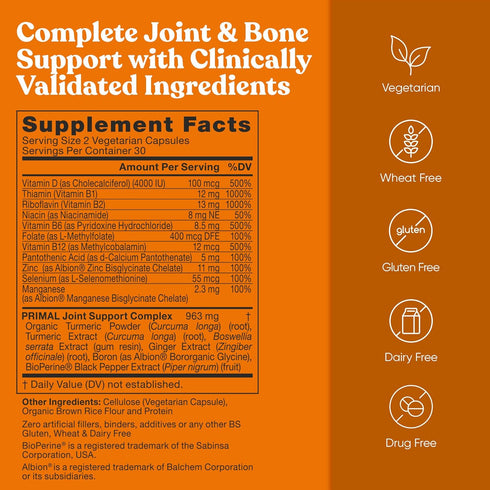 Primal Joint & Mobility Support - Advanced Supplement for Women and Men - Turmeric, Boswellia, Ginger, Boron - 60 Veg
