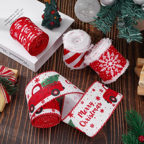 AnyDesign 24 Yards Christmas Wired Edge Ribbon, Red White Xmas Snowflake Truck Fabric Craft Ribbon for Gift Wrapping, 4
