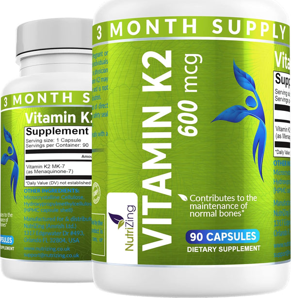 NutriZing K2 Vitamin Supplement MK-7 - High Strength 600mcg - 90 Vegan Capsules - Supports Bone & Arterial Health - 3