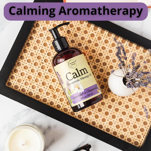 Calm Massage Oil with Lavender & Chamomile Essential Oils, 8oz for Massage Therapy