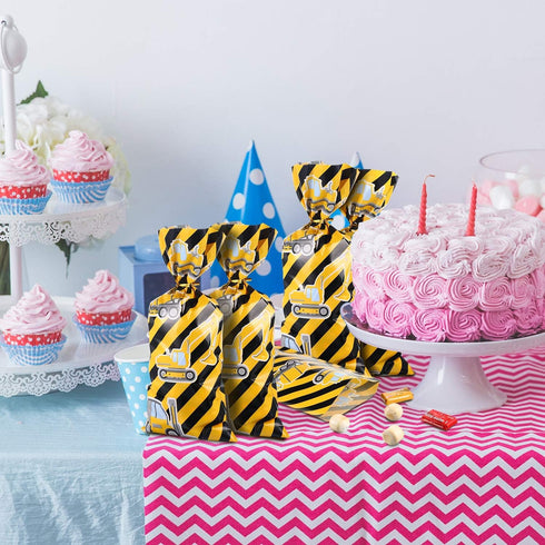 Gejoy 100 Pieces Construction Party Favor Bags, Truck Themed Candy Treat Gift Bags with Golden Twist Ties