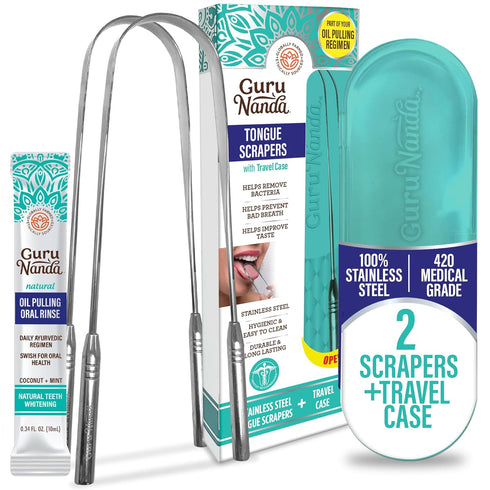 GuruNanda Tongue Scraper for Adults (2 Pack) with Travel Case, 420 Medical-grade 100% Stainless Steel Cleaner, Aids in