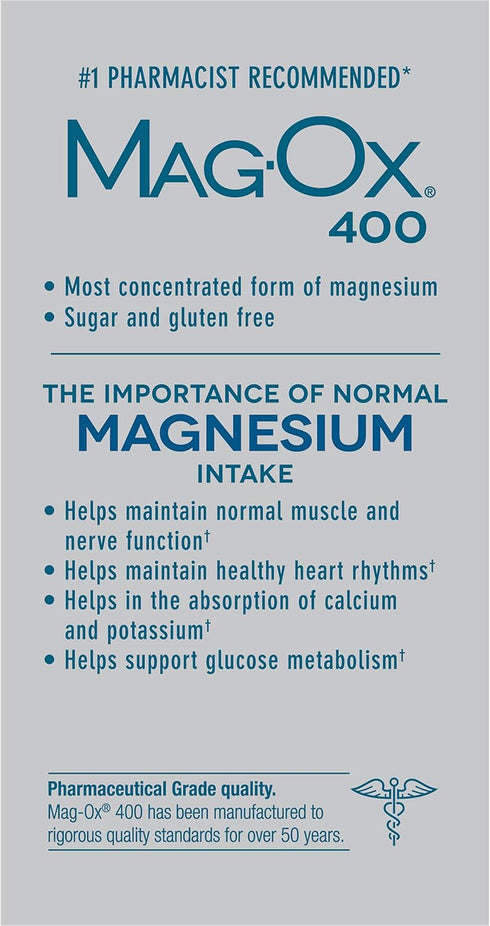 Mag-Ox 400 Magnesium Mineral Dietary Supplement Tablets, 483 mg Magnesium Oxide, 120 Count, Pharmaceutical Grade (Pack