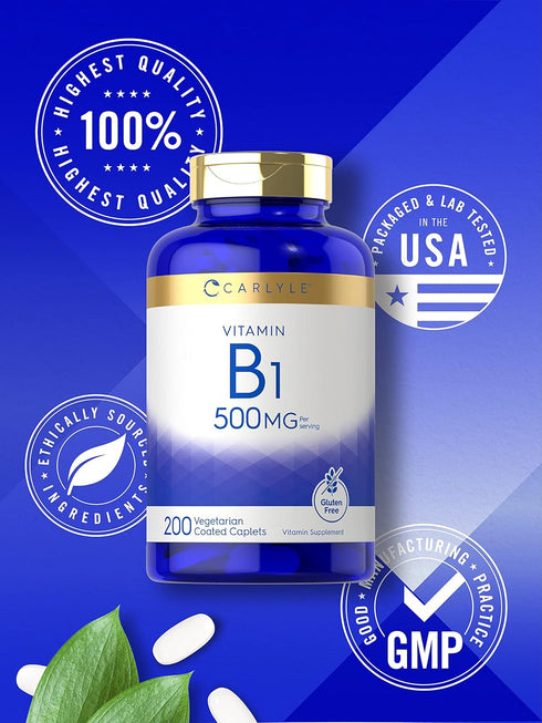 Carlyle Vitamin B1 500mg (Thiamine), 200 Vegetarian Caplets, Non-GMO and Gluten Free Supplement