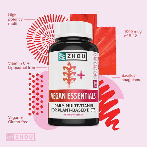 Zhou Vegan Essentials Multivitamin Supplement - B Vitamins, Vitamin C, Zinc, Iodine, Liposomal Iron - 60 Veg Caps