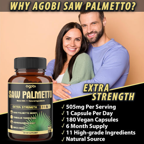 11in1 Saw Palmetto Capsules with Ashwagandha, Turmeric, Tribulus, Maca & More - 180 Count Healthy Prostate & Hair