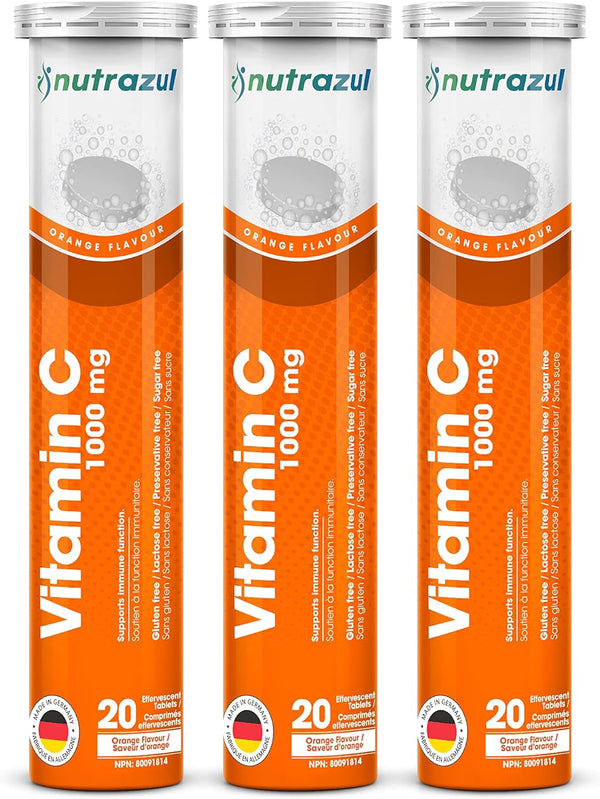 nutrazul Vitamin C 1000mg Effervescent Tablets - Orange 20’s (Pack of 3) | Gluten Free, Lactose Free, Sugar Free &
