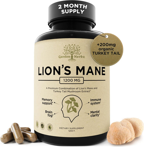 Lions Mane Supplement Capsules - 120 Caps - with Turkey Tail for Nootropic Brain Fog, Focus, Memory, Nerve Function,