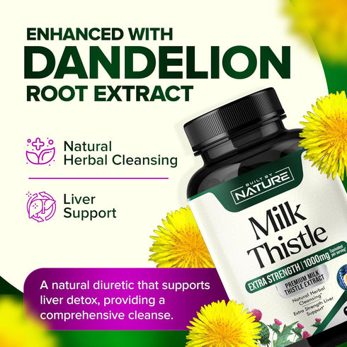 Milk Thistle 1000mg - 60 Veggie Capsules for Liver Detox with Silymarin Extract & Dandelion Root, Non-GMO
