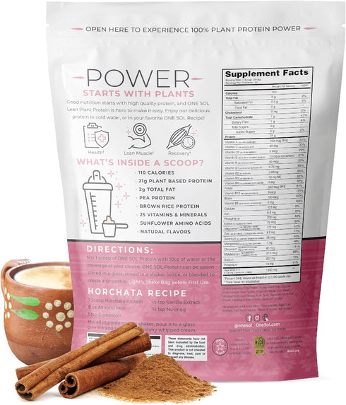 One Sol Lean Plant Protein Powder - Horchata, Low Carb, Gluten-Free, Vegan Friendly, No Sugar Added