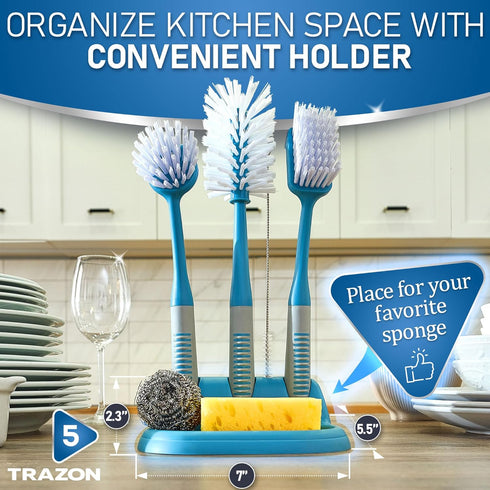 Set 5 Dish Brush of with Convenient Holder, Bottle Water Brush, Dish Scrub Brush, Scrubber Brush and Straw Brush