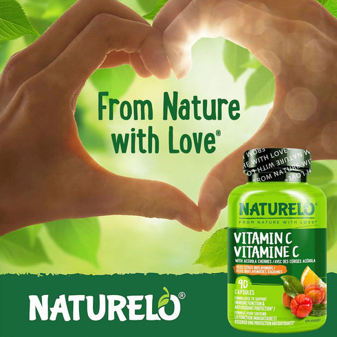 NATURELO Vitamin C Vegan Supplement with Organic Acerola Cherry Extract, 500 mg VIT C per Cap, 90 Capsules
