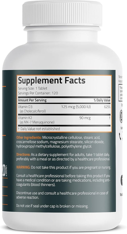 Bronson Basics Vitamin K2 D3 (MK7) Supplement Non-GMO Formula 5000IU (125 mcg) Vitamin D3 & 90 mcg Vitamin K2 MK-7 Easy to Swallow Vitamin D & K Complex, 120 Tablets