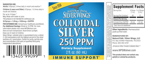Natural Path Silver Wings Colloidal Silver Liquid, 250ppm (1250mcg), 2oz Spray - Enhanced Immune Support