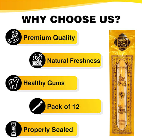 Pack of 12 Miswak Sticks - Natural Toothbrush for Teeth Whitening and Fresh Breath, Organic Wooden Vacuum Sealed