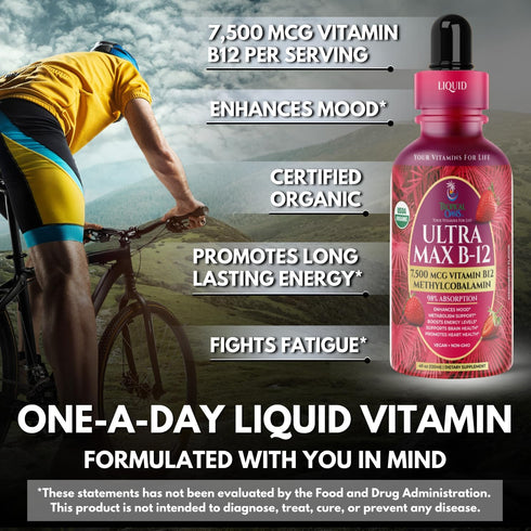 USDA Organic Ultra Max B12 | Superdose 7500mcg Vitamin B12 Liquid Drops as Methylcobalamin | 4oz