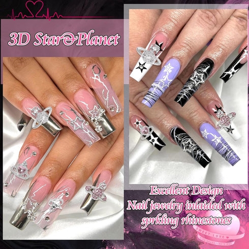 RODAKY 128PCS Silver Nail Charms, Cross Star Charms for Nails, 3D Saturn Planet Nail Jewelry, Pink Nail Rhinestone Gems