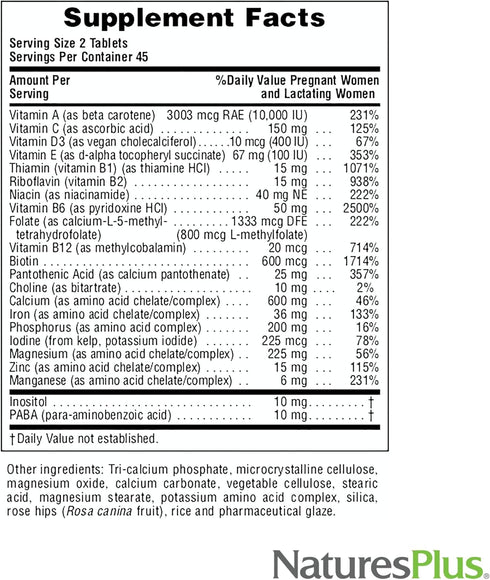 NaturesPlus Ultra Prenatal Multivitamin, 800 mcg Folate, 90 Vegetarian Tablets, Gluten-Free, 45 Servings