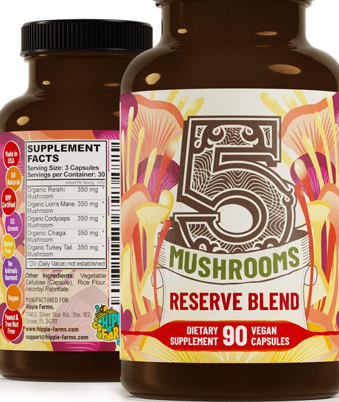 5 Mushrooms Reserve Blend Supplement - Lions Mane, Turkey Tail, Reishi, Chaga, Cordyceps