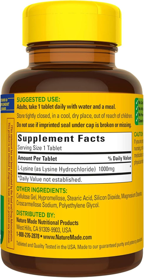 Nature Made L-Lysine 1000 mg | Dietary Supplement | 60 Tablets, 60 Day Supply