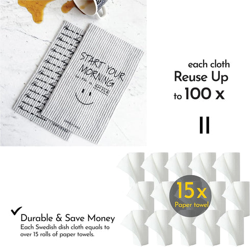 Long Gray 7 Pack Reusable Swedish Dishcloth, Super Absorbency for Kitchen and Household Use, Cellulose Sponge Dish