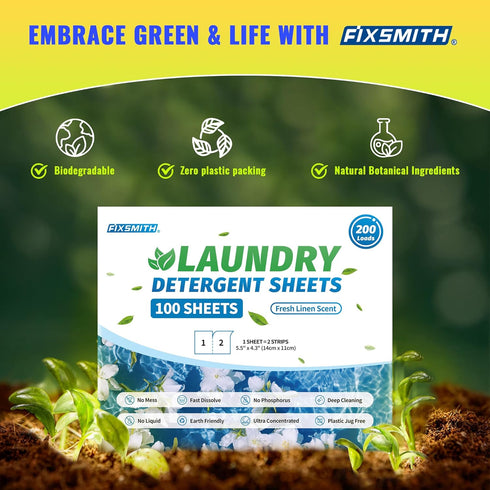 FIXSMITH Laundry Detergent Sheets - 200 Loads (100 Sheets), Fresh Linen Scent, Eco-Friendly, Plastic-Free, Travel Strips