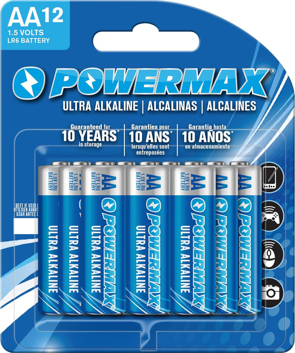 Powermax 12-Count Double AA Batteries, Ultra Long Lasting Alkaline Battery Blister Pack for