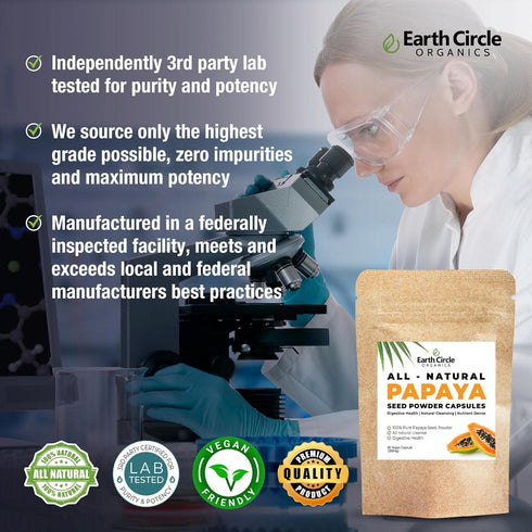 Earth Circle Organics Papaya Seed Powder Capsules, Papain Supplement for Digestion & Gut Health - 60 Vegan Capsules