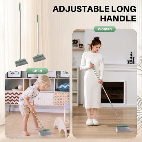 Set, JOYMOOP Dark Teal Green Broom and Dustpan Upright Angle with Built-in Comb Teeth, Ideal for Home, Office