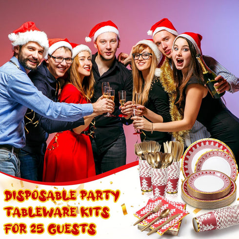200 Pcs Christmas Dinnerware Set for 25 Guests, Red and White Paper Plates, Napkins, Gold Tableware Kits, Cups, Forks,