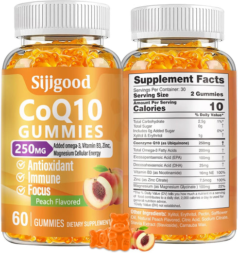 CoQ10 Gummies 250mg, Omega-3, Vitamin B3 & Zinc, Magnesium, High Absorption Coenzyme Q10, 60 Count for Cellular Energy