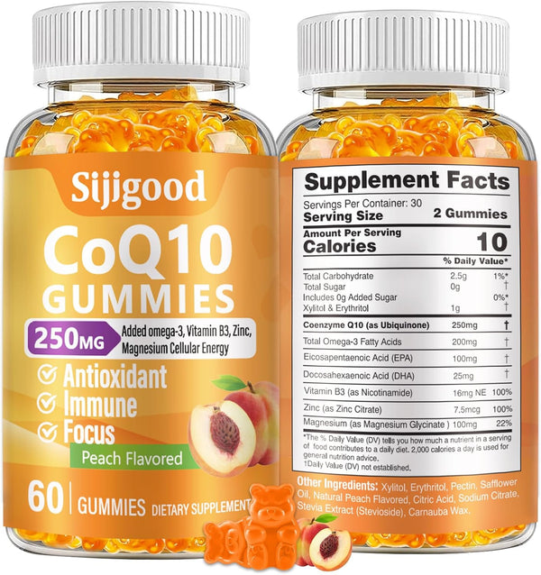 CoQ10 Gummies 250mg, Omega-3, Vitamin B3 & Zinc, Magnesium, High Absorption Coenzyme Q10, 60 Count for Cellular Energy