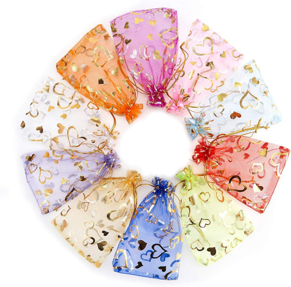 Volanic 100PCS 4X6 Inch Sheer Heart Organza Bags with Drawstring for Party Wedding Favor Gift Bag, 10 Colors Mix