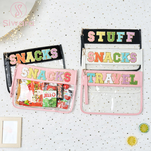 Snack Bags Clear Pouch Travel Makeup Bag, Chenille Letter Zipper Pouch for Women