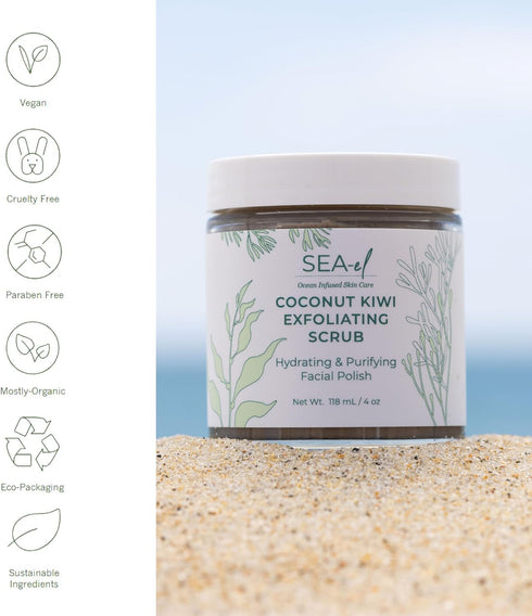 Sea El Coconut Kiwi Exfoliating Face Scrub, Hydrating Anti-Aging Exfoliator with Bamboo Pumice & Green Tea, 4 Oz