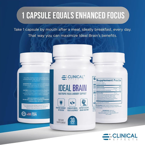 Clinical Effects Ideal Brain Dietary Supplement for Nootropic Focus and Memory Support, 30 Capsules