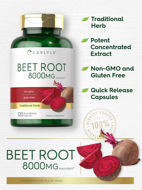 Carlyle Beet Root Capsules | 8000 mg | 120 Count | Non-GMO, Gluten Free Supplement