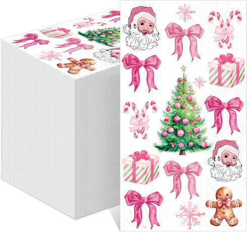 Janlaugh 100 Pcs Pink Christmas Elements Napkins 3 Ply Disposable Hand Towels for