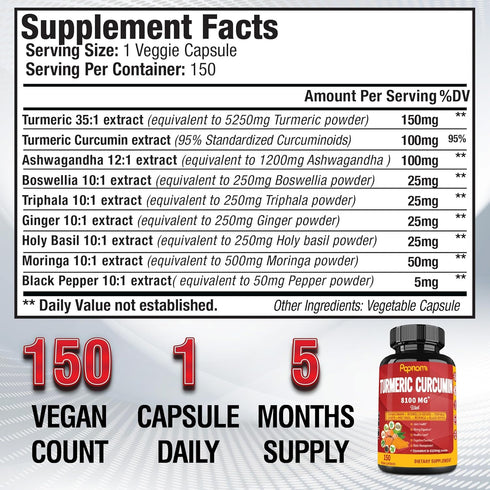 Turmeric Curcumin Capsules 8100mg - 150 Pills 5 Month Supply - Immune, Joint, Digestive & Wellness Support - with Ashwagandha, Triphala, Ginger, Black Pepper & more