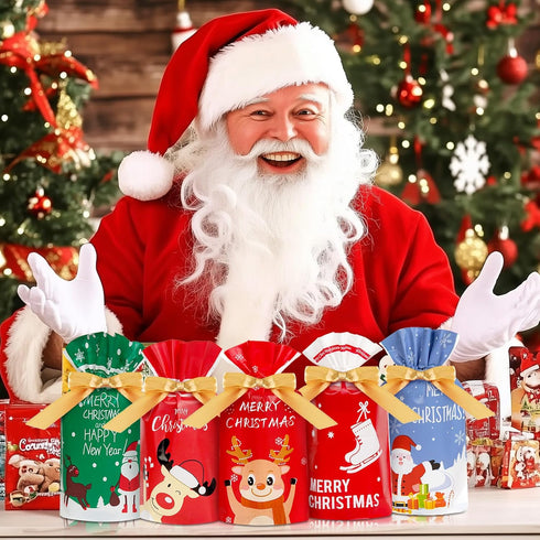 DLY 50 Pcs Christmas Candy Bags - Plastic Drawstring Gift Bags for Treats and Party Favors