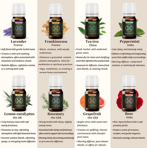 Set, 8 5 ml Essential Oils Gift x Pure Aromatherapy Oils with Rose, Frankincense, Lavender, Tea Tree, Peppermint, Lemon