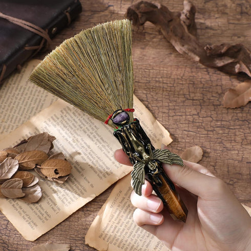 RENEMEGO Witch Broom Witchcraft Supplies - Altar Supplies with Tiger Eye Stone Wiccan Stuff Goddess Magic Broomstick